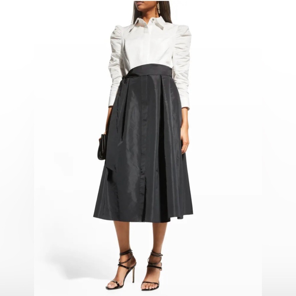 Ruched-Sleeve Bicolor Taffeta Shirtdress Elegant Black Midi Dress (worn once)